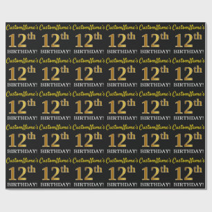 Papel De Presente Preto, imitação Dourada "ANIVERSÁRIO 12"