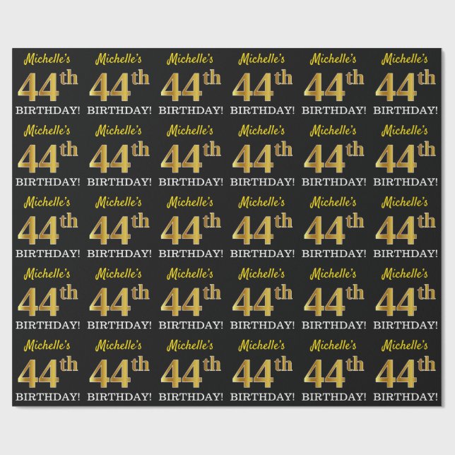 Papel De Presente Preto, imitação Dourada "ANIVERSÁRIO 44" (Aberto)