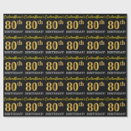 Papel De Presente Preto, imitação Dourada "ANIVERSÁRIO 80"