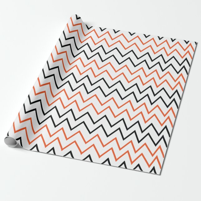 Papel De Presente Preto Laranja Chevron Ziguezague (Desenrolado)