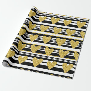 Papel De Presente Preto Listra Dourado Coração Glam Padrão (2)