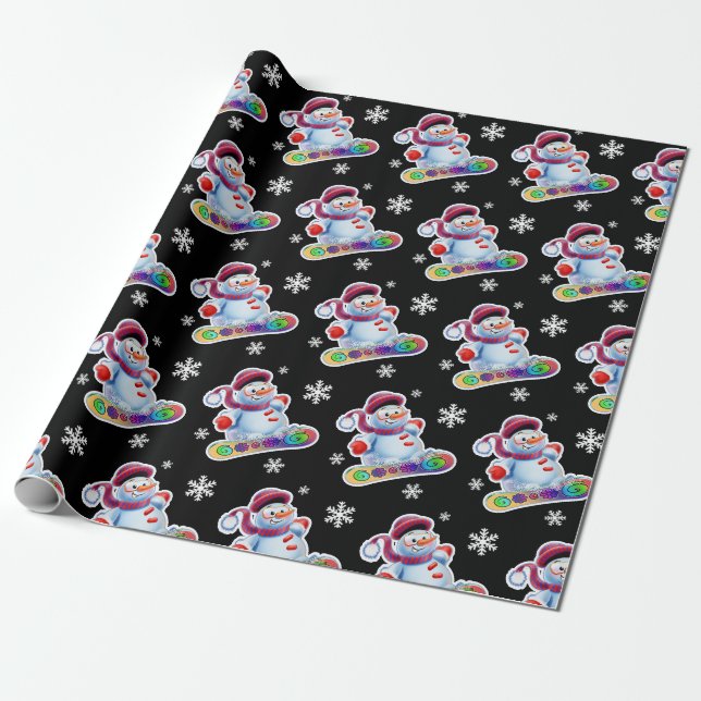 Papel De Presente Preto matte do boneco de neve da snowboarding (Desenrolado)