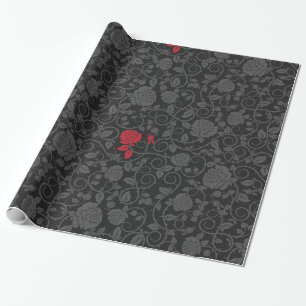 Papel De Presente Preto na Rosa vermelha preta, Damask Floral modern