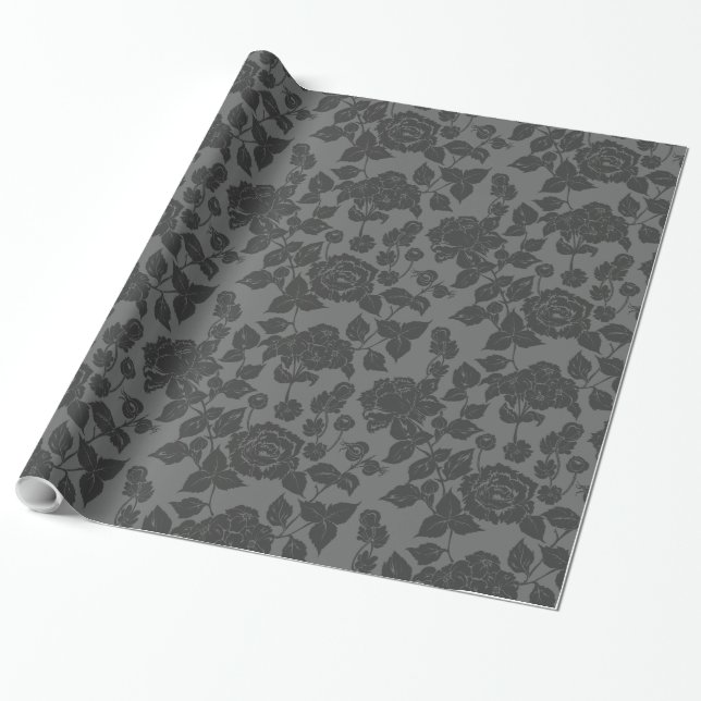 Papel De Presente Preto no Floral Rosa preto (Desenrolado)