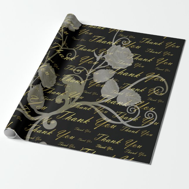 Papel De Presente preto, ouro, prata, obrigado, flores, floral, (Desenrolado)