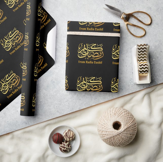 Papel De Presente Preto personalizado e Dourado Ramadan Mubarak (Artesanato)