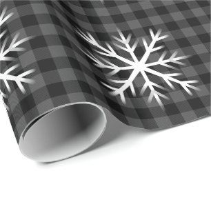 Papel De Presente Preto rústico, xadrez escocês cinza - floco de nev