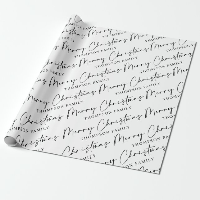 Papel De Presente Preto White Script Feliz Nome da Família Natal Wra (Desenrolado)