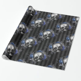 Papel De Presente Pretos e Azuis Crânios Florais Grunge Vintage