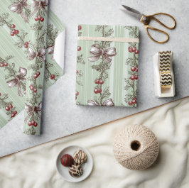 Papel De Presente Pretty Green Toile Christmas Berries And Bows