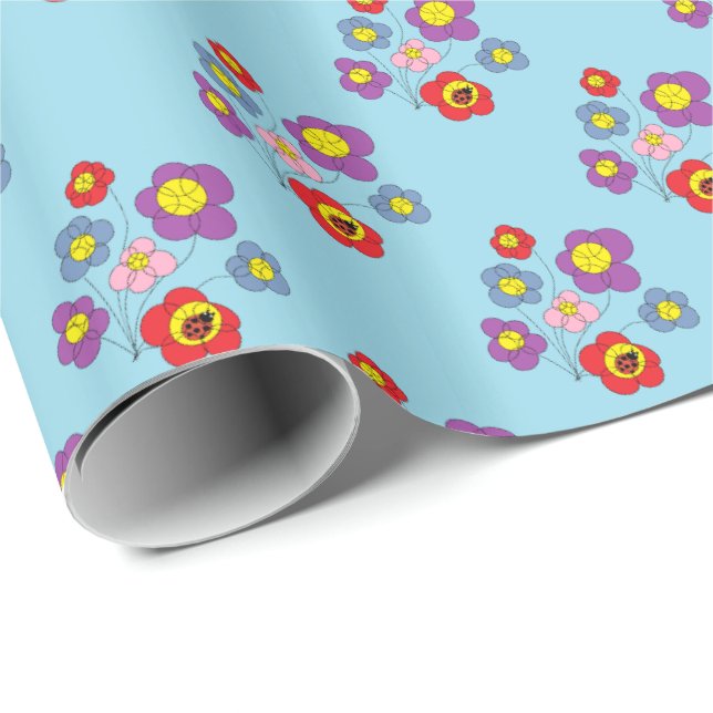 Papel De Presente Pretty Ladybugs and Flower Pattern Blue  (Ponta do rolo)