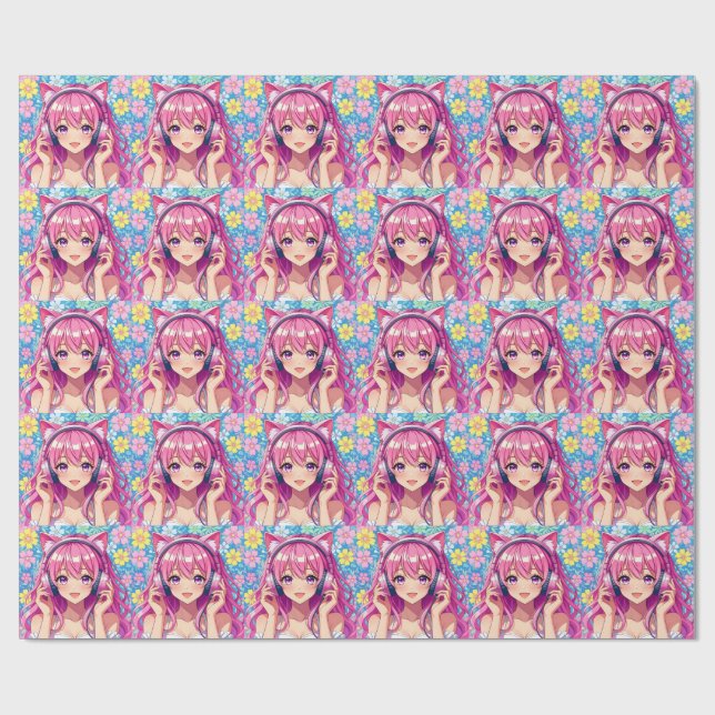 Papel De Presente Pretty Pink Anime Girl's Birthday Party (Aberto)