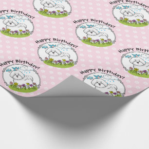 Papel De Presente Primavera Bichon Frise Dog com Flores - Cute