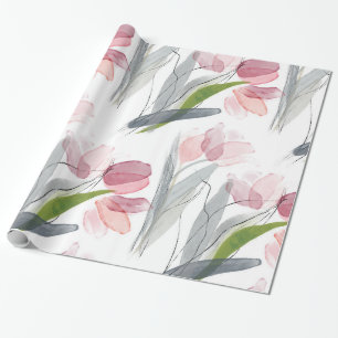 Papel De Presente Primavera Cor de Água Simples Rosa Tulipas Verde