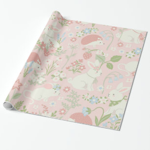 Papel De Presente Primavera de Bunnies Florais Rosa