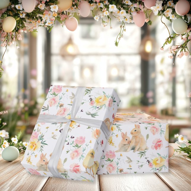 Papel De Presente Primavera de coelho da Páscoa (Easter Bunny Chicks Spring Floral Wrapping Paper
)