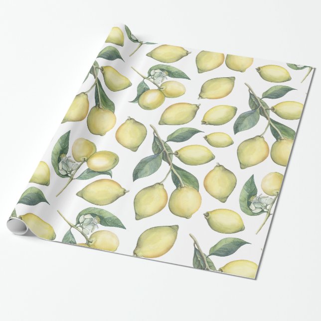 Papel De Presente Primavera Limões e folhas, de cor aquosa, de cor a (Desenrolado)