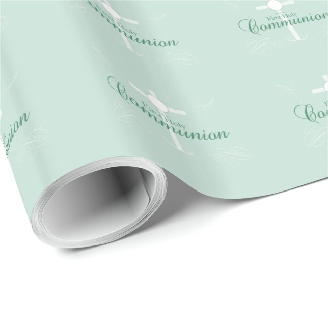 Papel De Presente Primeira Comunhão, Script em Verde Suave (Ponta do rolo)