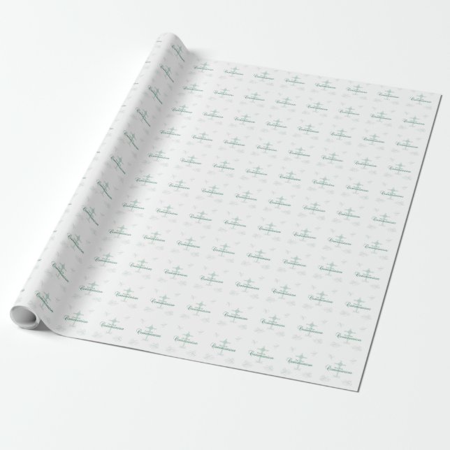 Papel De Presente Primeira Comunhão, Script em Verde Suave (Desenrolado)