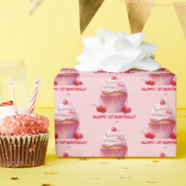 Papel De Presente Primeira Festa de aniversário de Cereja e Cupcake
