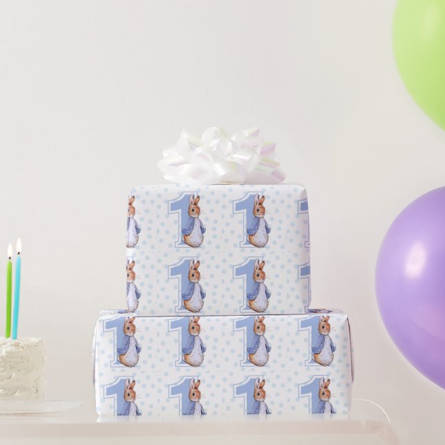 Papel De Presente Primeiro aniversário clássico coelho segurando bal (Presentes para festas)