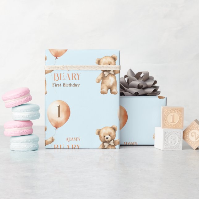 Papel De Presente Primeiro aniversario de Bear Blue Boy Minimer (Chá de bebê)