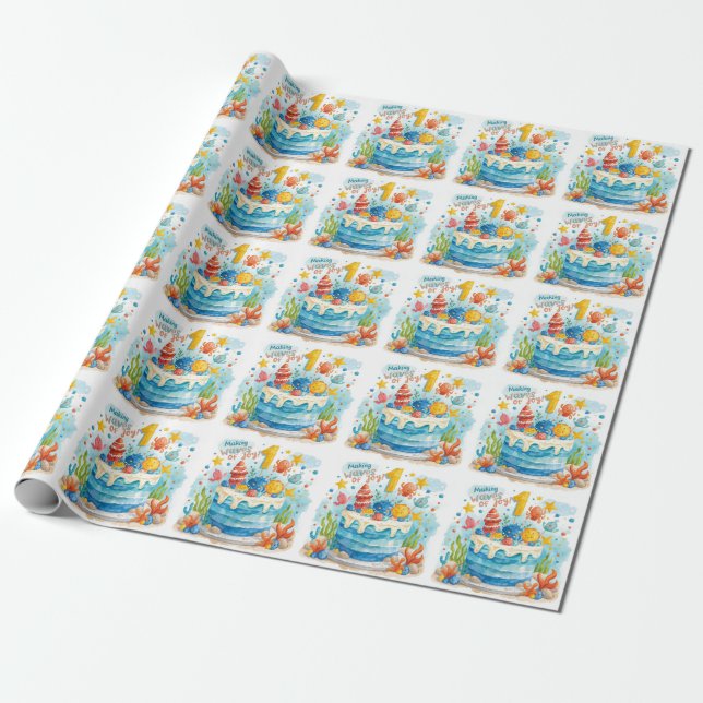 Papel De Presente Primeiro aniversario de pesca com Bolo (Desenrolado)