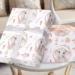 Papel De Presente primeiro aniversario Elefante-Cor-de-rosa