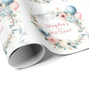 Papel De Presente Primeiro Aniversário - Flores e balões de Aquarela