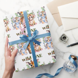 Papel De Presente Primeiro Aniversário Tigre Girafa Macaco Selvagem