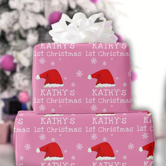 Papel De Presente Primeiro Natal do Bebê Chapéu de Papai Noel Rosa F (Criador carregado)