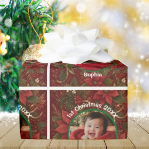 Papel De Presente Primeiro Natal do Bebê Floral Carmesim Foto Nome A