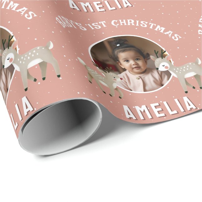 Papel De Presente Primeiro Natal do Bebê: Foto de Lembrança com Rena (Ponta do rolo)