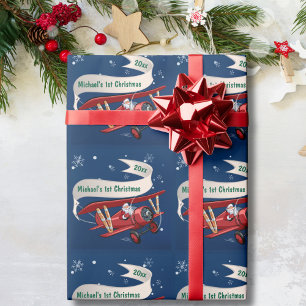 Papel De Presente Primeiro Natal do Menino Avião Papai Noel Voando P