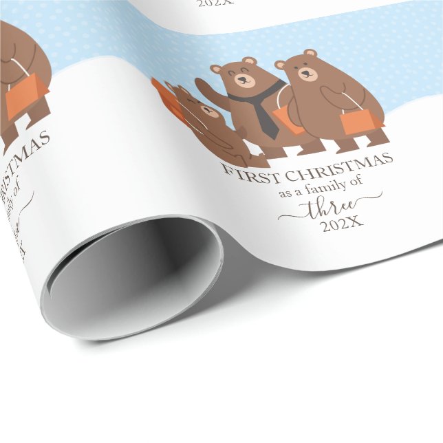 Papel De Presente Primeiro Natal do Urso como uma Família de 3 (Ponta do rolo)