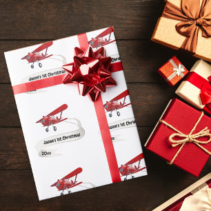 Papel De Presente Primeiro Natal Papai Noel Voando Avião Personaliza