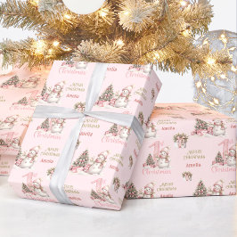 Papel De Presente Primeiro Natal Pink Vintage Snowman
