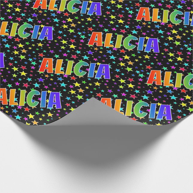 Papel De Presente Primeiro Nome Arco-íris "ALICIA" + Estrelas (Ponta)
