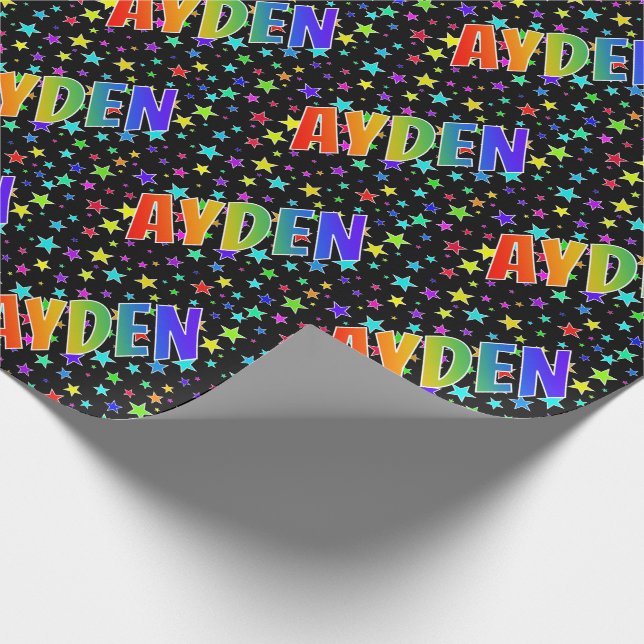 Papel De Presente Primeiro Nome Arco-íris "AYDEN" + Estrelas (Ponta)