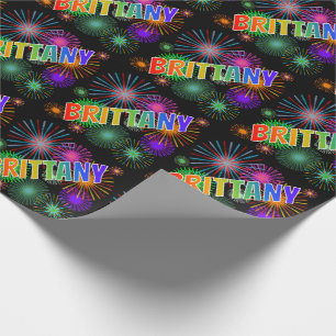 Papel De Presente Primeiro Nome Arco-íris "BRITTANY" + Fogos de Arti