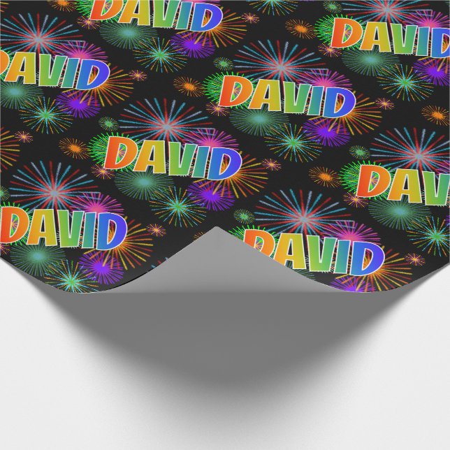 Papel De Presente Primeiro Nome Arco-íris "DAVID" + Fogos de Artifíc (Ponta)