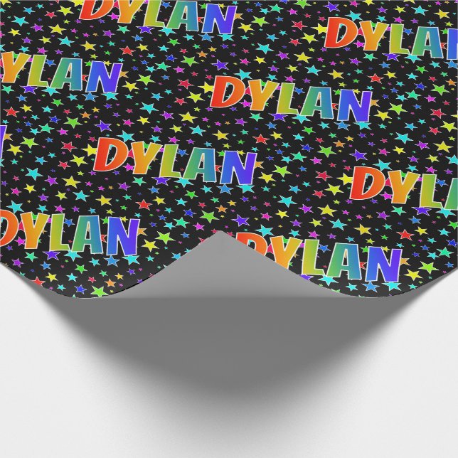 Papel De Presente Primeiro Nome Arco-íris "DYLAN" + Estrelas (Ponta)
