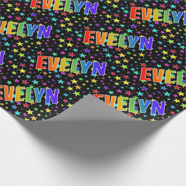 Papel De Presente Primeiro Nome Arco-íris "EVELYN" + Estrelas (Ponta)
