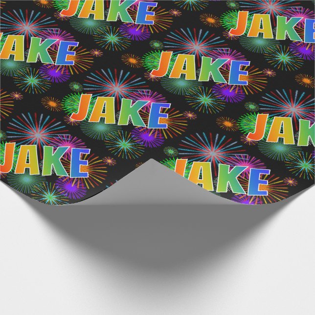 Papel De Presente Primeiro Nome Arco-íris "JAKE" + Fogos de Artifíci (Ponta)