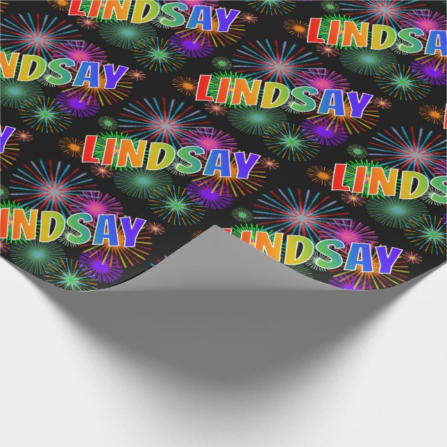 Papel De Presente Primeiro Nome Arco-Íris "LINDSAY" + Fogos de Artif (Ponta)