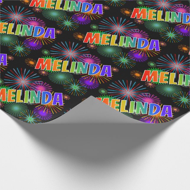 Papel De Presente Primeiro Nome Arco-Íris "MELINDA" + Fogos de Artif (Ponta)