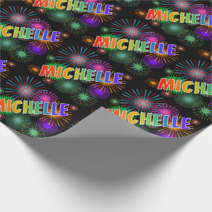 Papel De Presente Primeiro Nome Arco-íris "MICHELLE" + Fogos de Arti