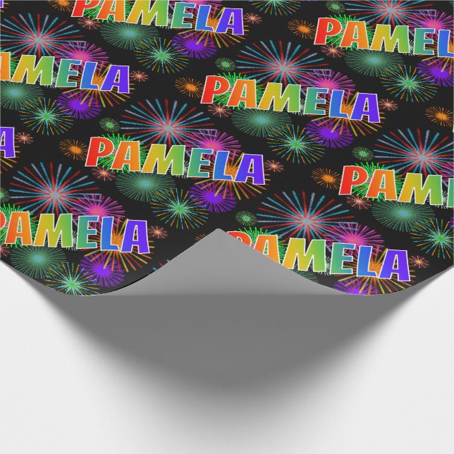 Papel De Presente Primeiro Nome Arco-íris "PAMELA" + Fogos de Artifí (Ponta)
