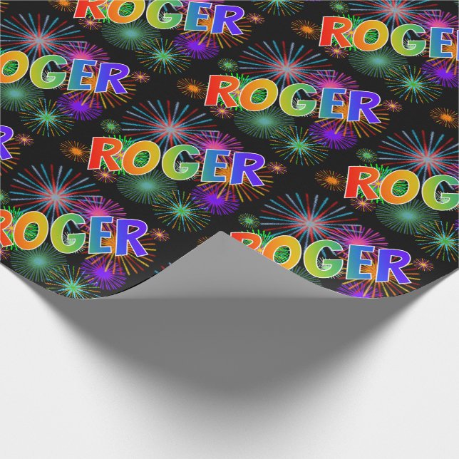 Papel De Presente Primeiro Nome Arco-íris "ROGER" + Fogos de Artifíc (Ponta)