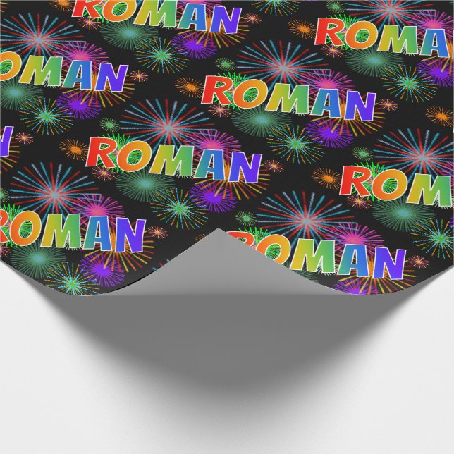 Papel De Presente Primeiro Nome Arco-íris "ROMAN" + Fogos de Artifíc (Ponta)